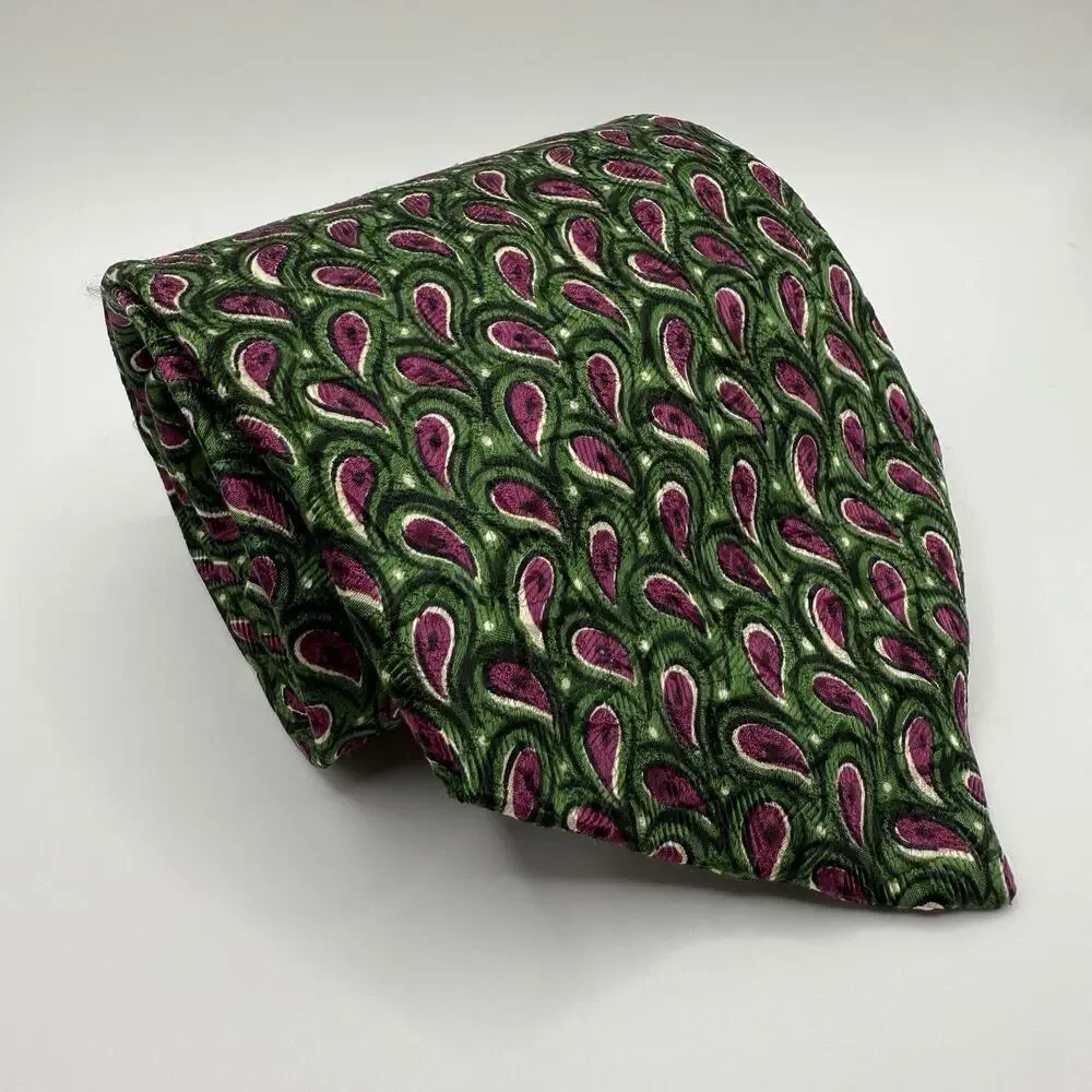 Neiman Marcus 100% Silk Tie Green‎ Pink/Purple Luxury Made in USA Paisley Print